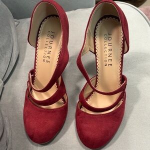 Journee Collection Women’s Burgundy Suede Double-Strap Mary Jane Heels